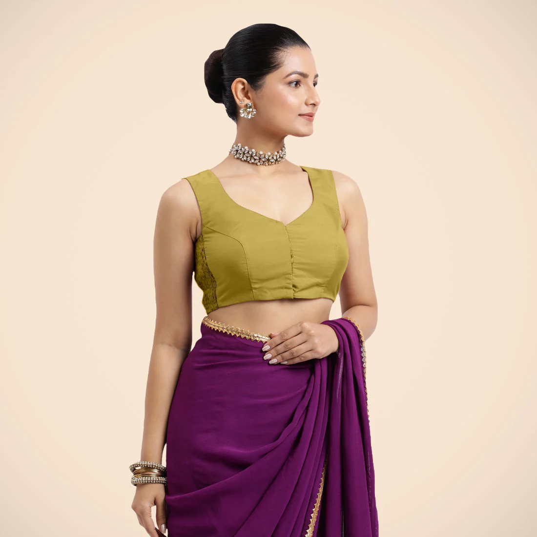 Nazia x Rozaana | Lemon Yellow Sleeveless FlexiFit™ Saree Blouse with Front Open Curved V Neckline with Deep Back and Dori - Image 3