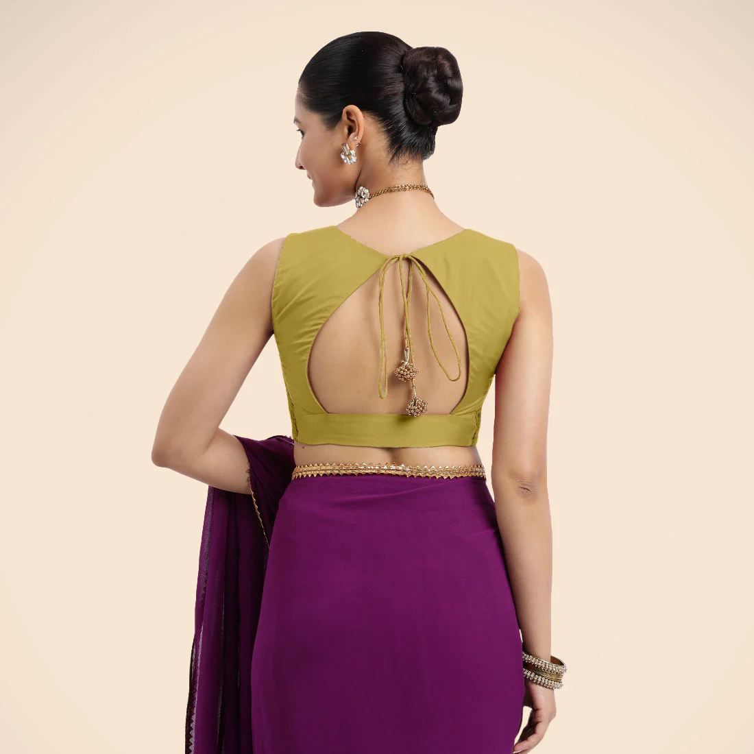 Nazia x Rozaana | Lemon Yellow Sleeveless FlexiFit™ Saree Blouse with Front Open Curved V Neckline with Deep Back and Dori - Image 7