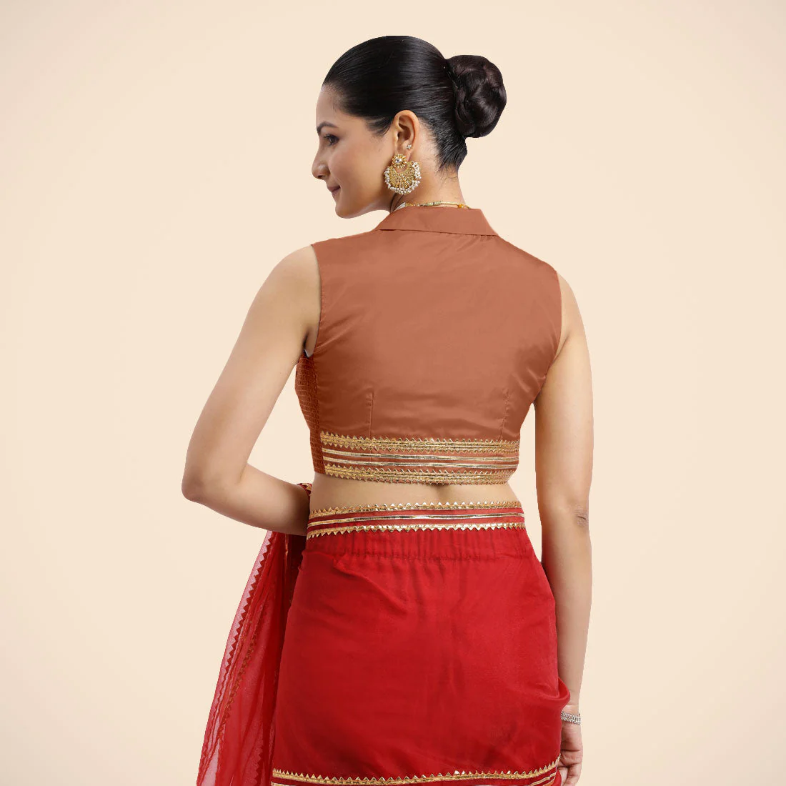 Avni x Tyohaar | Metallic Copper Sleeveless FlexiFit™ Saree Blouse with Elegant Shawl Collar with Golden Gota Lace Embellishment - Image 2