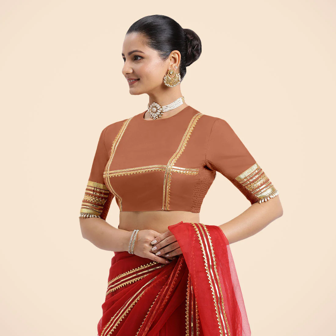 Farheen x Tyohaar | Metallic Copper Embellished Elbow Sleeves FlexiFit™ Saree Blouse with Zero Neck with Back Cut-Out and Golden Gota Embellishment - Image 11