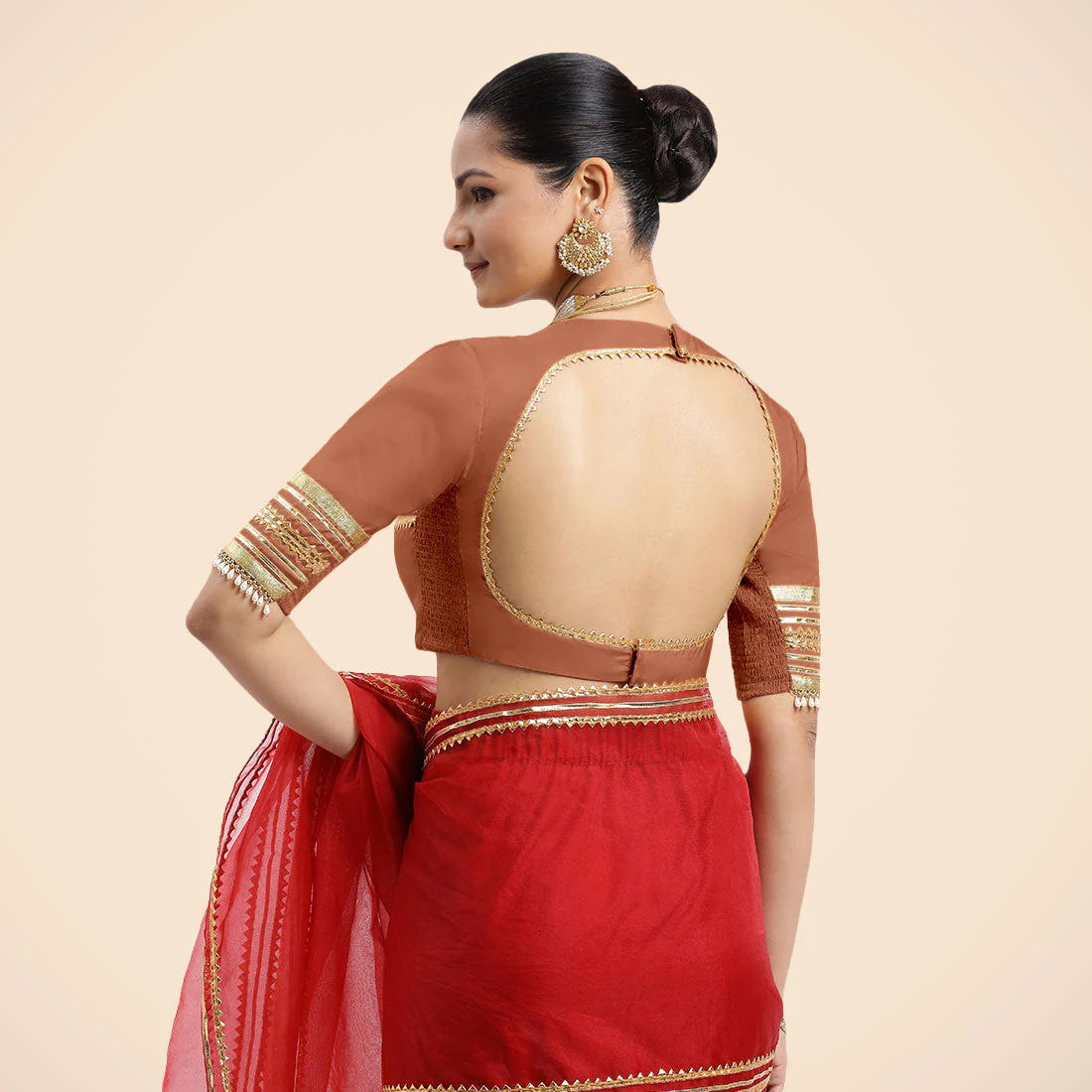 Farheen x Tyohaar | Metallic Copper Embellished Elbow Sleeves FlexiFit™ Saree Blouse with Zero Neck with Back Cut-Out and Golden Gota Embellishment - Image 12