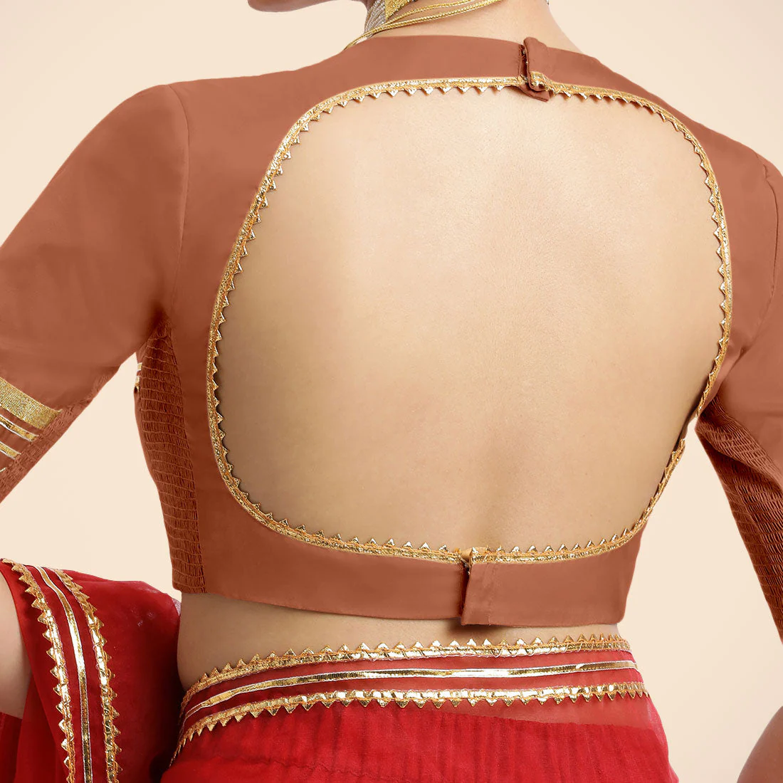 Farheen x Tyohaar | Metallic Copper Embellished Elbow Sleeves FlexiFit™ Saree Blouse with Zero Neck with Back Cut-Out and Golden Gota Embellishment - Image 4