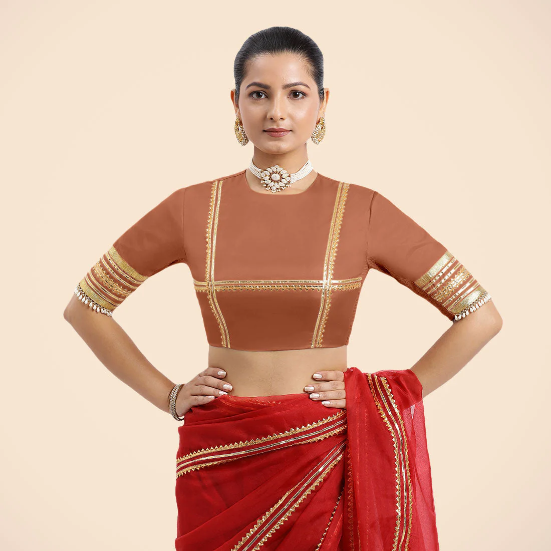Farheen x Tyohaar | Metallic Copper Embellished Elbow Sleeves FlexiFit™ Saree Blouse with Zero Neck with Back Cut-Out and Golden Gota Embellishment - Image 9