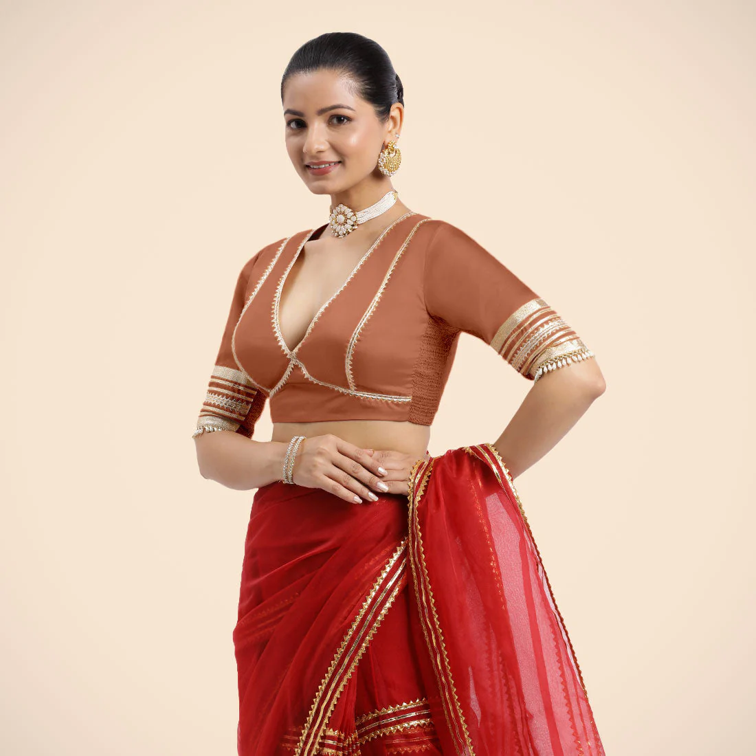 Nafeeza x Tyohaar | Metallic Copper Embellished Elbow Sleeves FlexiFit™ Saree Blouse with Plunging V Neckline with Tasteful Golden Gota Lace - Image 12