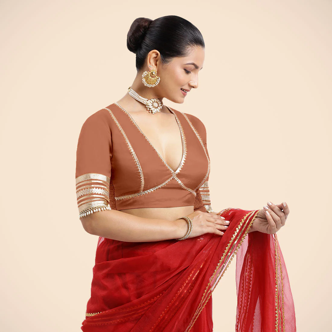 Nafeeza x Tyohaar | Metallic Copper Embellished Elbow Sleeves FlexiFit™ Saree Blouse with Plunging V Neckline with Tasteful Golden Gota Lace - Image 3
