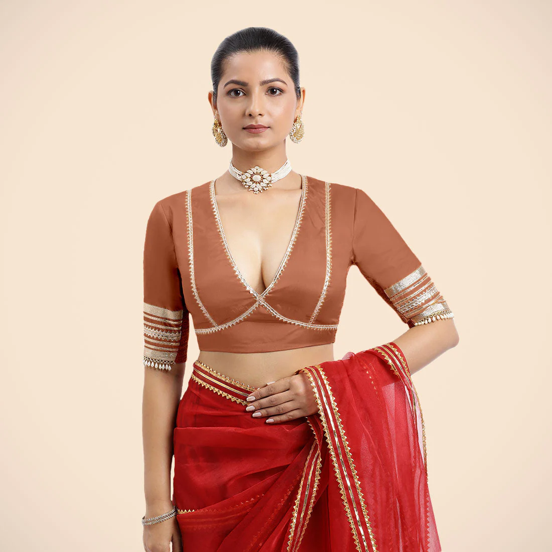 Nafeeza x Tyohaar | Metallic Copper Embellished Elbow Sleeves FlexiFit™ Saree Blouse with Plunging V Neckline with Tasteful Golden Gota Lace - Image 4