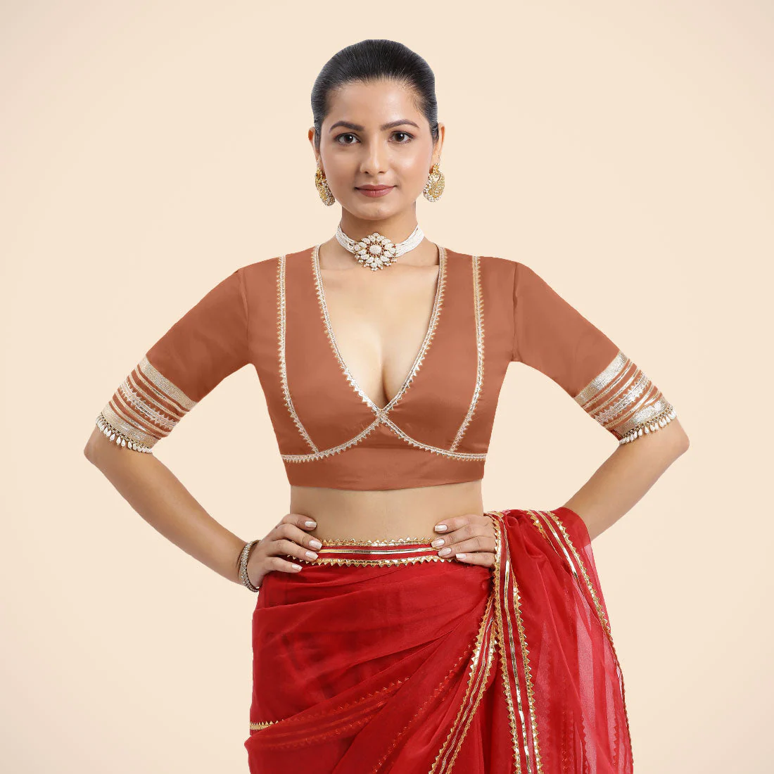 Nafeeza x Tyohaar | Metallic Copper Embellished Elbow Sleeves FlexiFit™ Saree Blouse with Plunging V Neckline with Tasteful Golden Gota Lace - Image 5