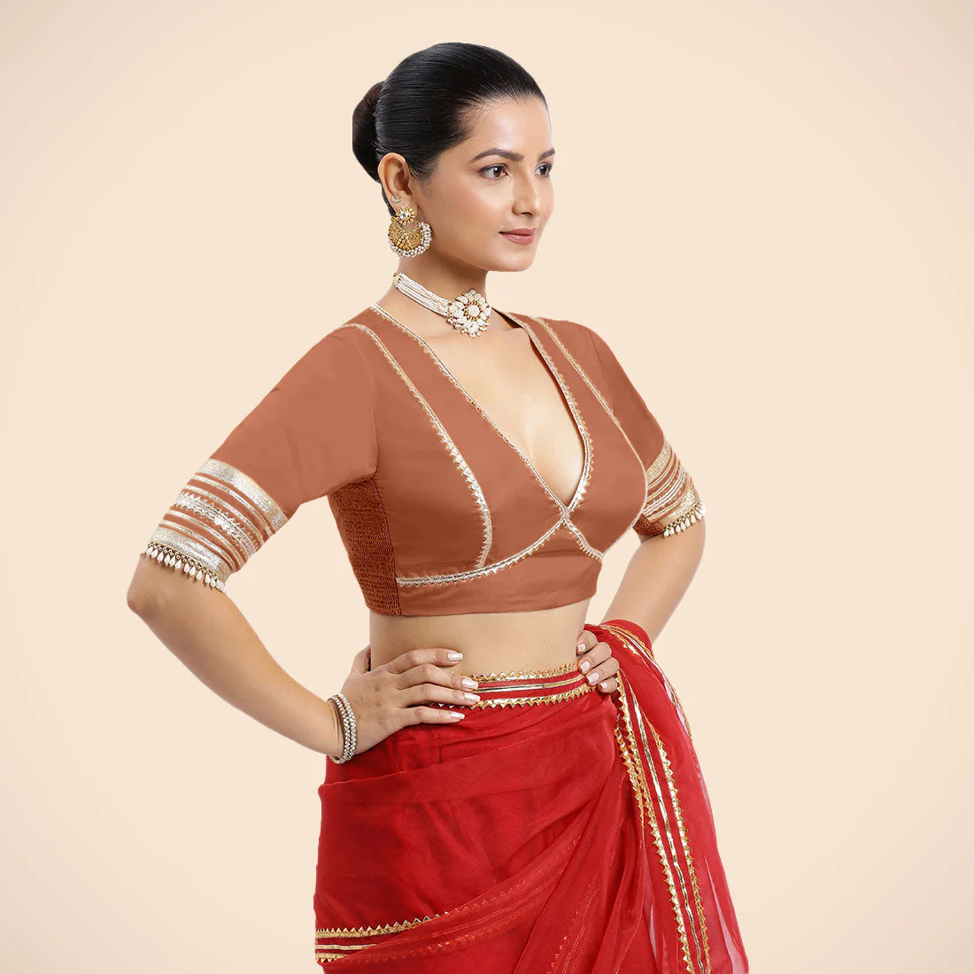Nafeeza x Tyohaar | Metallic Copper Embellished Elbow Sleeves FlexiFit™ Saree Blouse with Plunging V Neckline with Tasteful Golden Gota Lace - Image 6