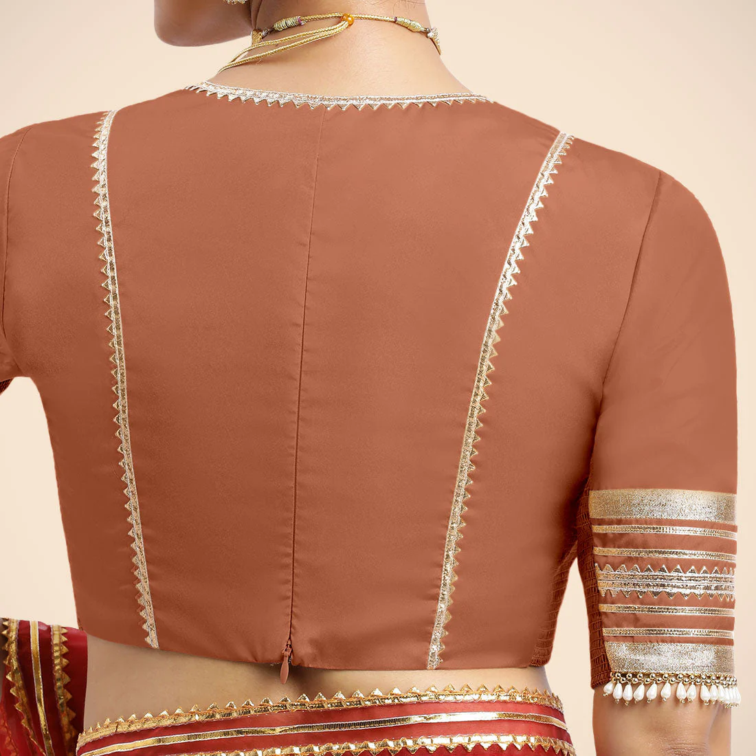 Nafeeza x Tyohaar | Metallic Copper Embellished Elbow Sleeves FlexiFit™ Saree Blouse with Plunging V Neckline with Tasteful Golden Gota Lace - Image 7