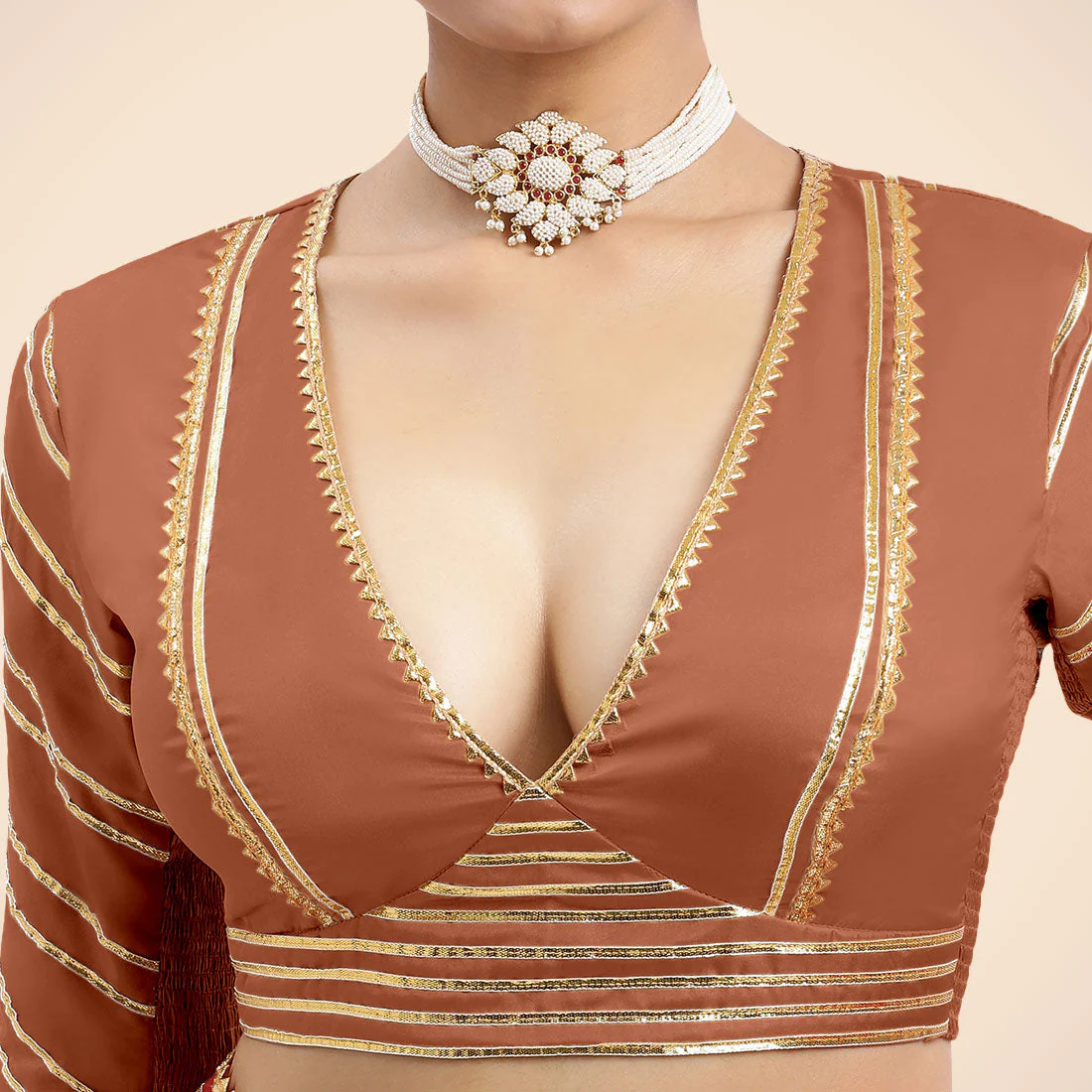 Navya x Tyohaar | Metallic Copper Elbow Sleeves FlexiFit™ Saree Blouse with Plunging V Neckline with Tasteful Golden Gota Lace - Image 7