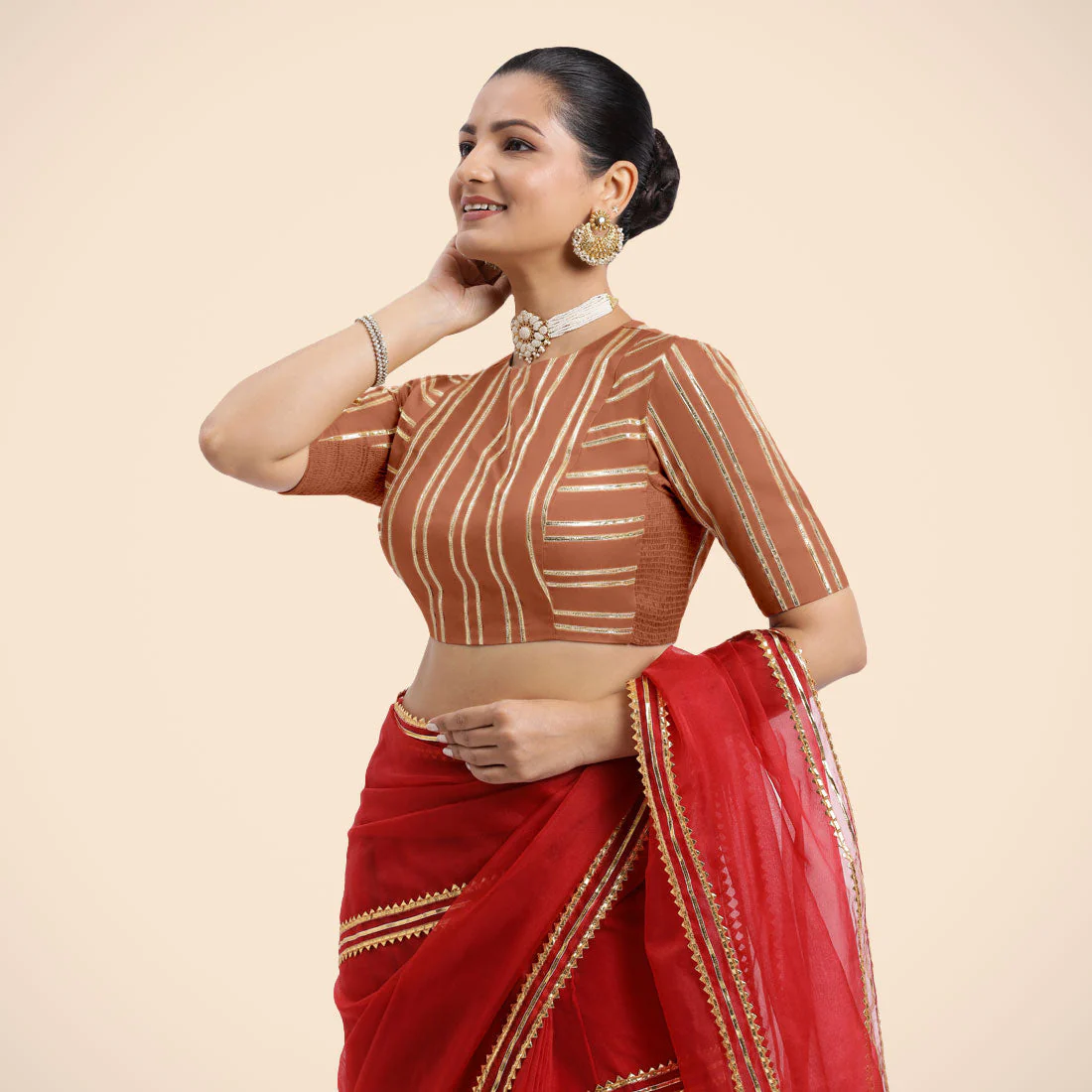Shaheen x Tyohaar | Metallic Copper Elbow Sleeves FlexiFit™ Saree Blouse with Zero Neck with Back Cut-Out and Golden Gota Embellishment - Image 5