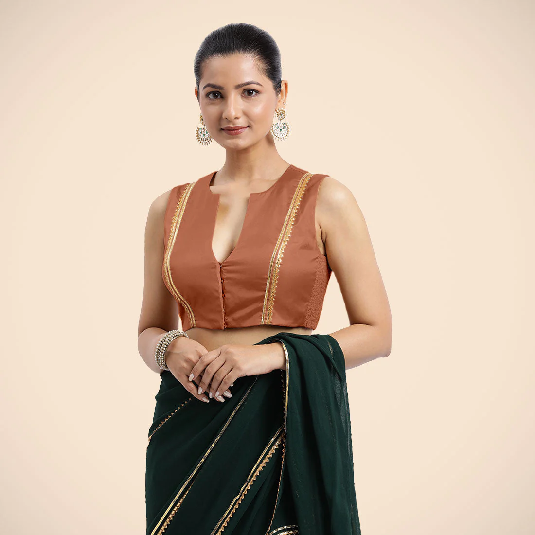 Veena x Tyohaar | Metallic Copper Sleeveless FlexiFit™ Saree Blouse with Front Open Closed Neckline with Slit and Golden Gota Lace - Image 2