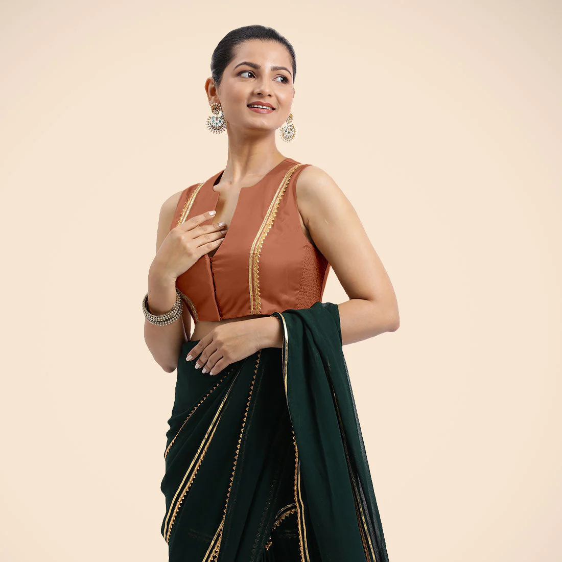 Veena x Tyohaar | Metallic Copper Sleeveless FlexiFit™ Saree Blouse with Front Open Closed Neckline with Slit and Golden Gota Lace - Image 3