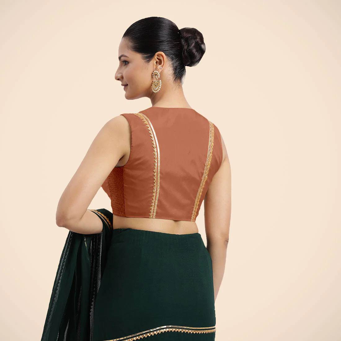 Veena x Tyohaar | Metallic Copper Sleeveless FlexiFit™ Saree Blouse with Front Open Closed Neckline with Slit and Golden Gota Lace - Image 6