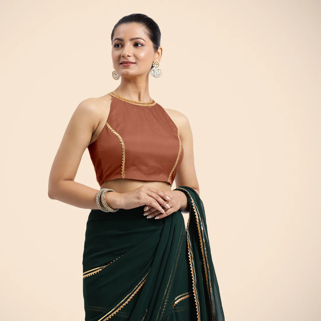 Zubeida x Tyohaar | Metallic Copper Halterneck FlexiFit™ Saree Blouse with Elegant Golden Gota Embellishment on Princess Line - Image 2
