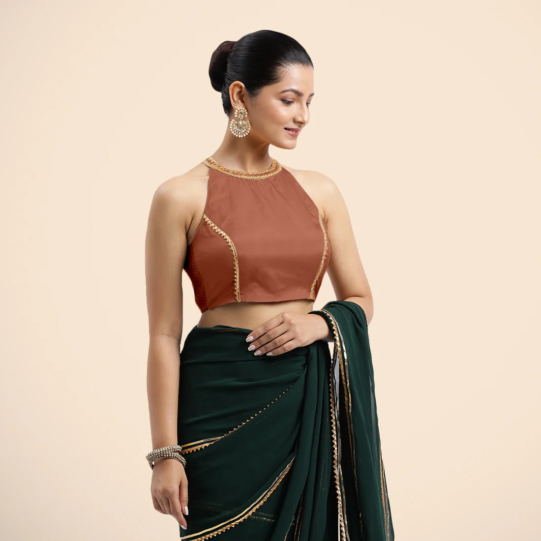 Zubeida x Tyohaar | Metallic Copper Halterneck FlexiFit™ Saree Blouse with Elegant Golden Gota Embellishment on Princess Line - Image 4