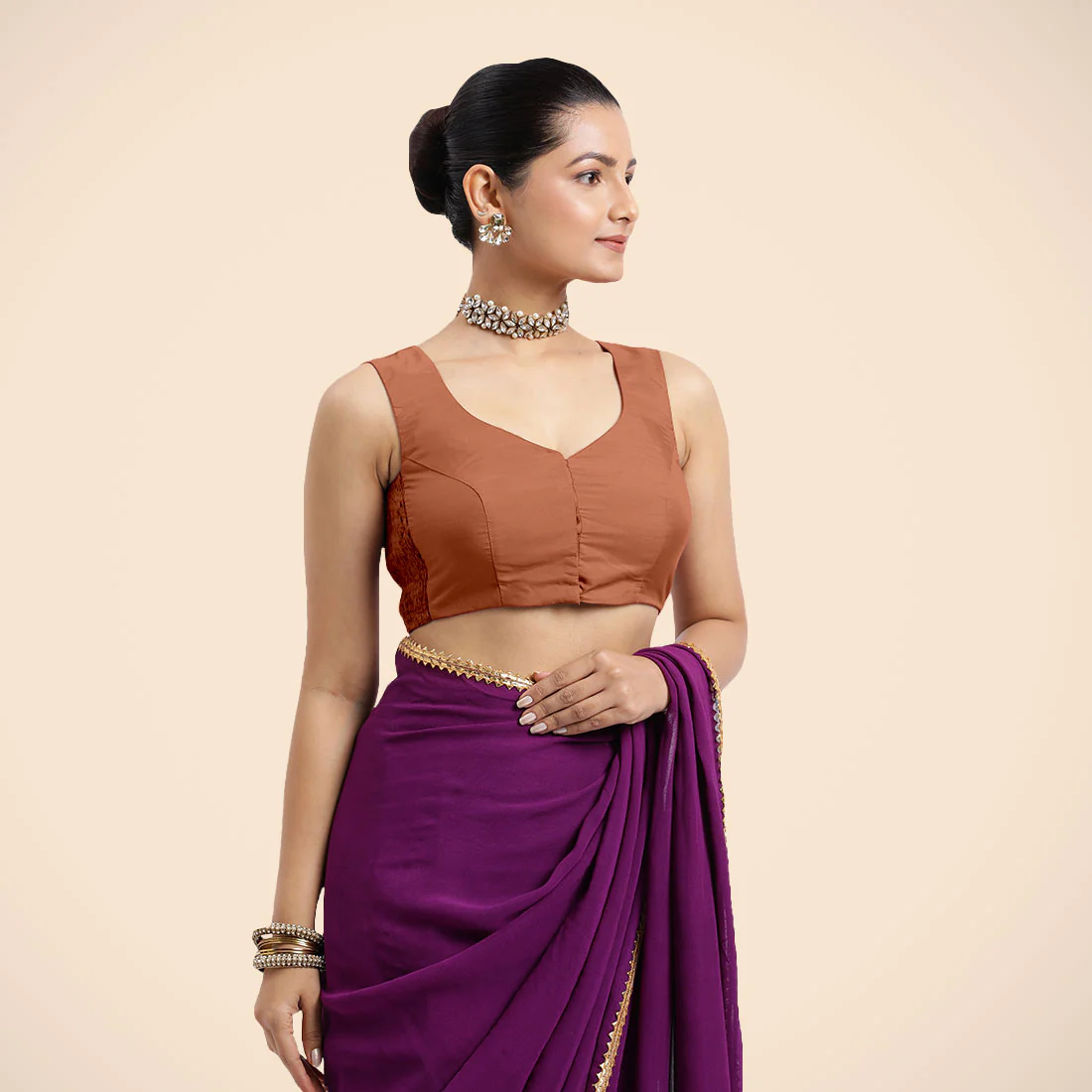 Nazia x Rozaana | Metallic Copper Sleeveless FlexiFit™ Saree Blouse with Front Open Curved V Neckline with Deep Back and Dori - Image 11