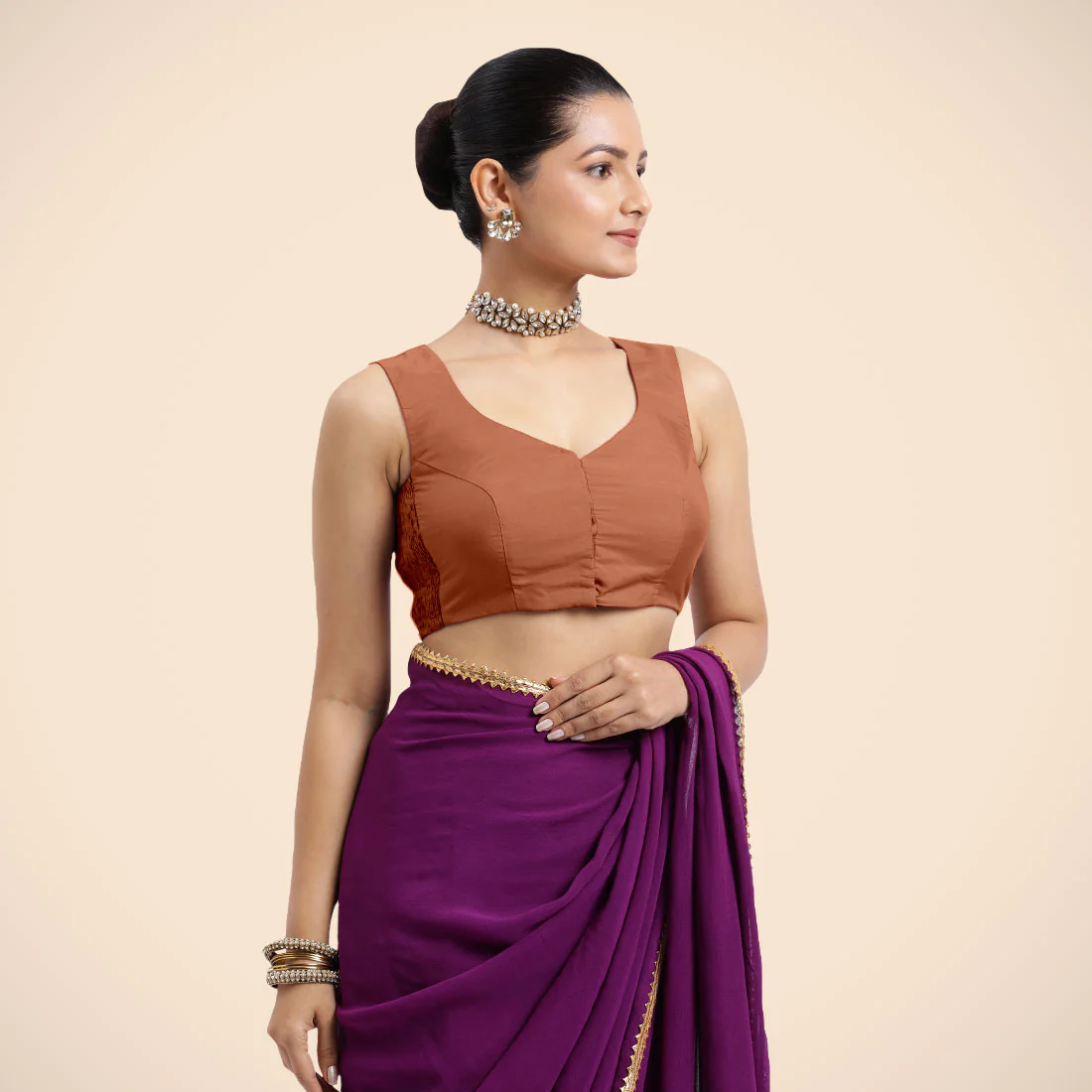 Nazia x Rozaana | Metallic Copper Sleeveless FlexiFit™ Saree Blouse with Front Open Curved V Neckline with Deep Back and Dori - Image 3
