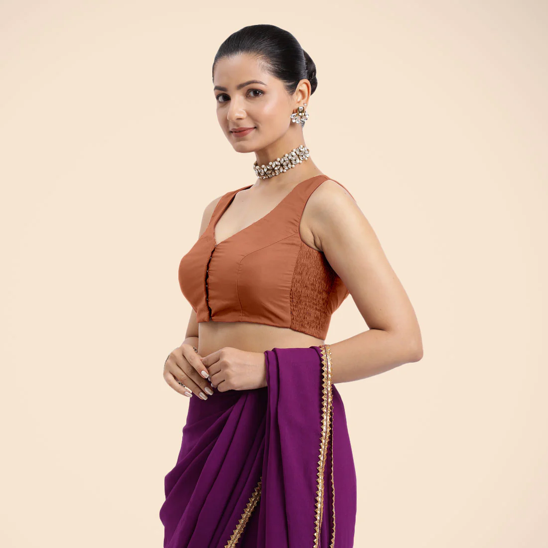 Nazia x Rozaana | Metallic Copper Sleeveless FlexiFit™ Saree Blouse with Front Open Curved V Neckline with Deep Back and Dori - Image 6