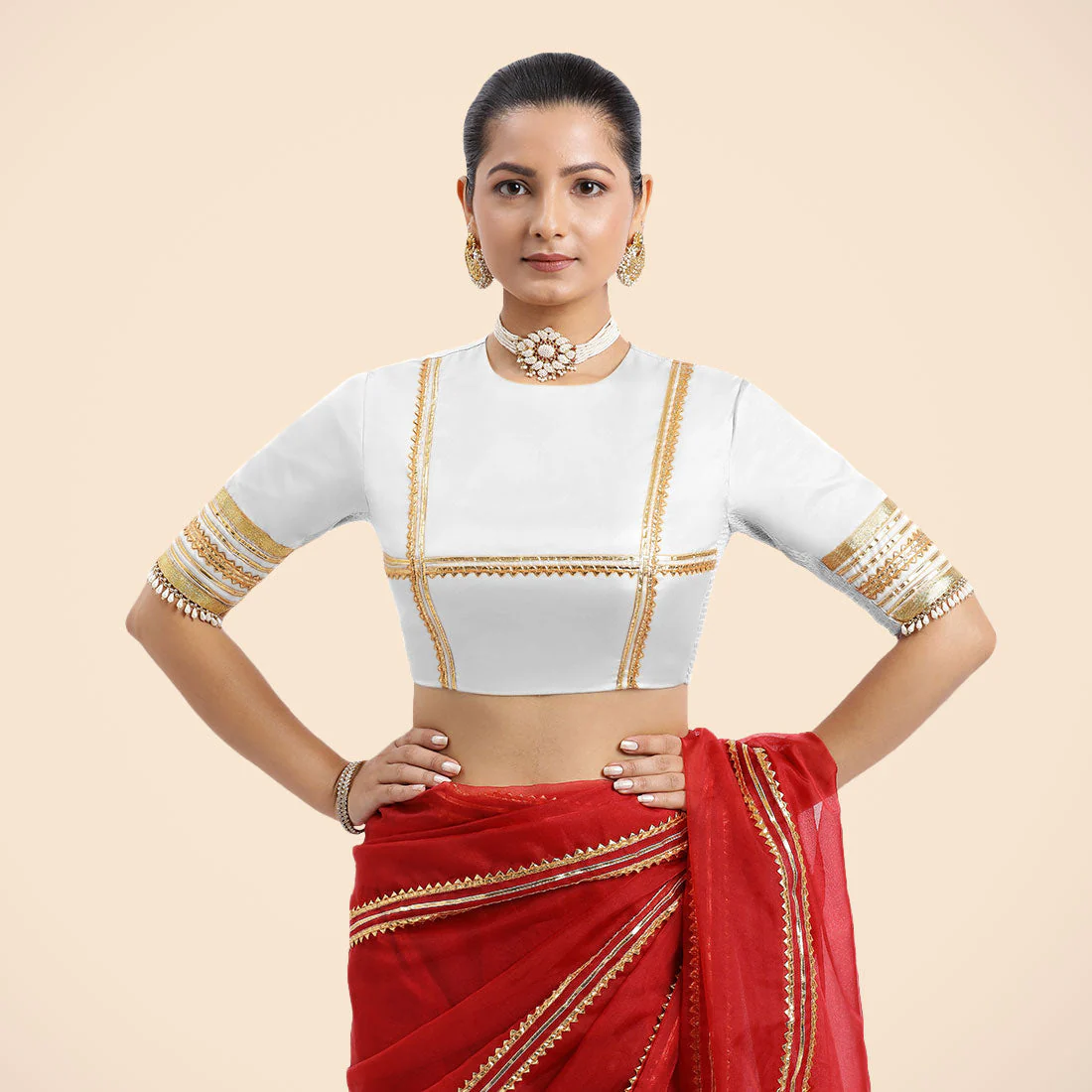 Farheen x Tyohaar | Pearl White Embellished Elbow Sleeves FlexiFit™ Saree Blouse with Zero Neck with Back Cut-Out and Golden Gota Embellishment - Image 10