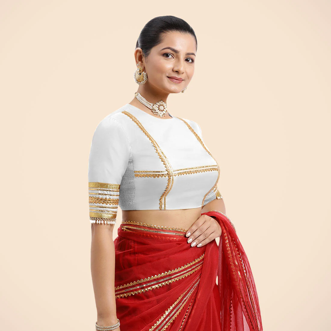 Farheen x Tyohaar | Pearl White Embellished Elbow Sleeves FlexiFit™ Saree Blouse with Zero Neck with Back Cut-Out and Golden Gota Embellishment - Image 11