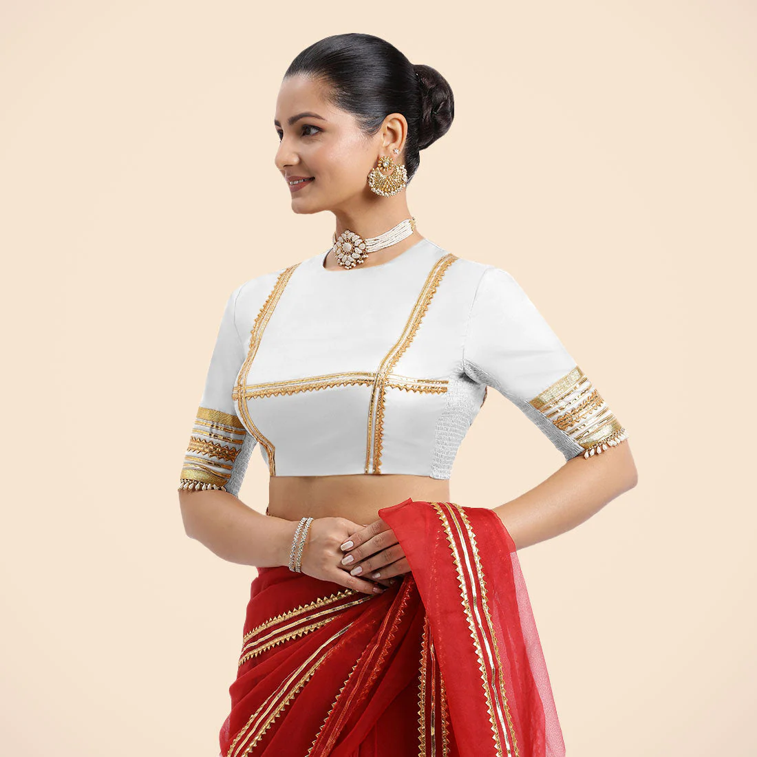 Farheen x Tyohaar | Pearl White Embellished Elbow Sleeves FlexiFit™ Saree Blouse with Zero Neck with Back Cut-Out and Golden Gota Embellishment - Image 12