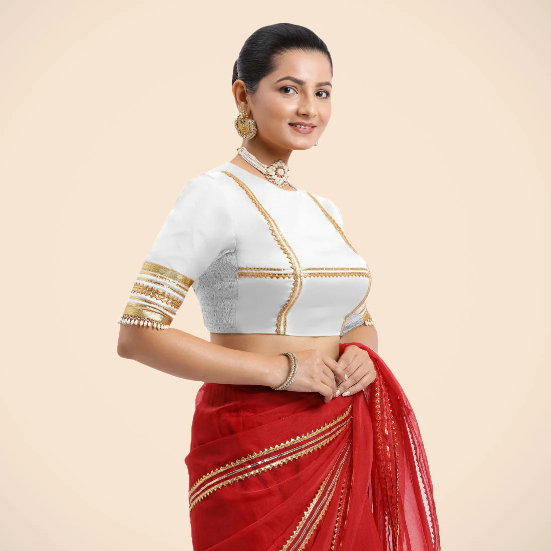 Farheen x Tyohaar | Pearl White Embellished Elbow Sleeves FlexiFit™ Saree Blouse with Zero Neck with Back Cut-Out and Golden Gota Embellishment - Image 6