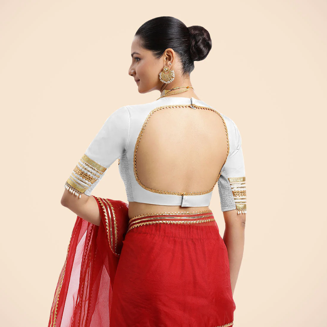 Farheen x Tyohaar | Pearl White Embellished Elbow Sleeves FlexiFit™ Saree Blouse with Zero Neck with Back Cut-Out and Golden Gota Embellishment - Image 7