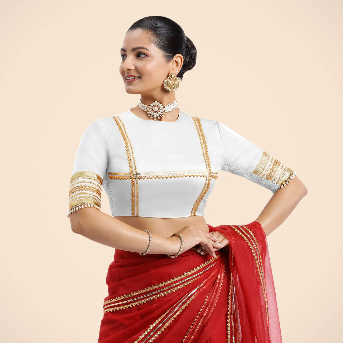 Farheen x Tyohaar | Pearl White Embellished Elbow Sleeves FlexiFit™ Saree Blouse with Zero Neck with Back Cut-Out and Golden Gota Embellishment - Image 8