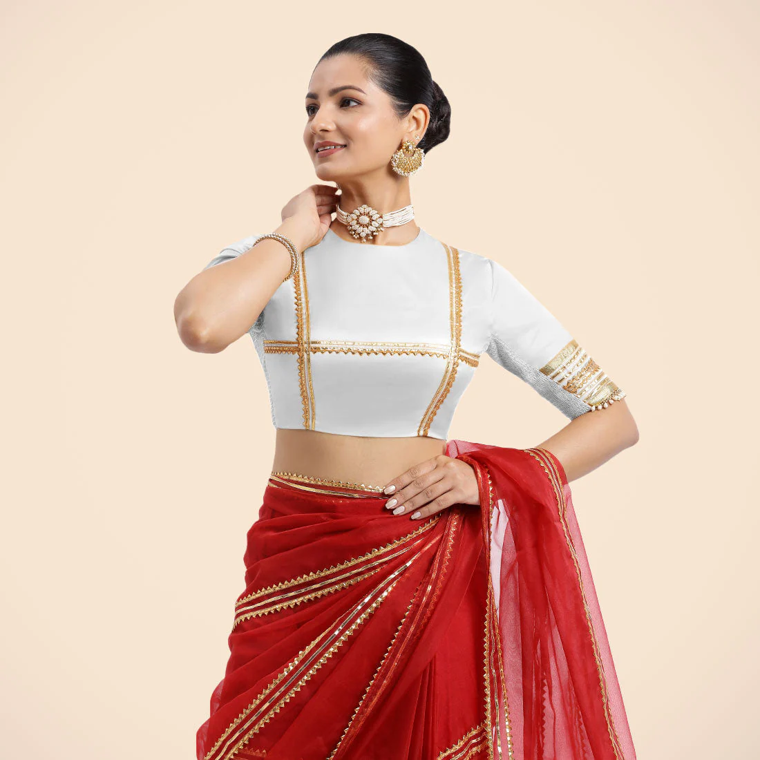 Farheen x Tyohaar | Pearl White Embellished Elbow Sleeves FlexiFit™ Saree Blouse with Zero Neck with Back Cut-Out and Golden Gota Embellishment - Image 9