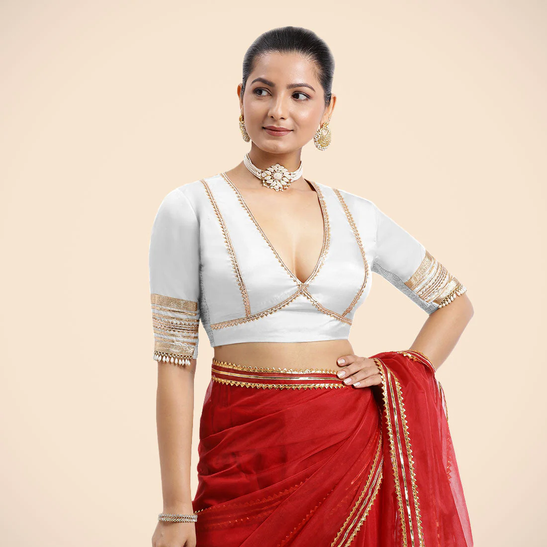 Nafeeza x Tyohaar | Pearl White Embellished Elbow Sleeves FlexiFit™ Saree Blouse with Plunging V Neckline with Tasteful Golden Gota Lace - Image 11