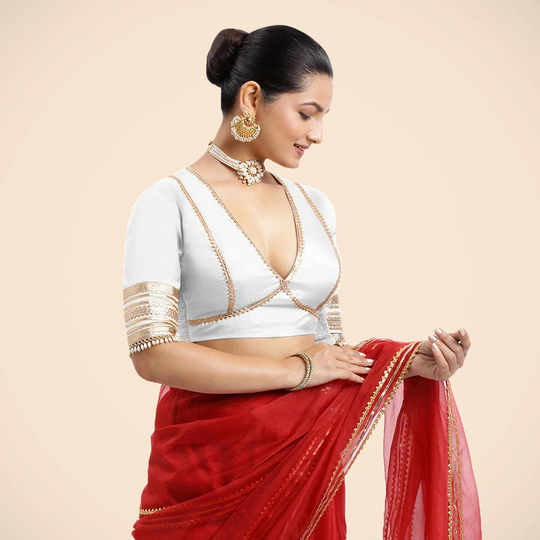 Nafeeza x Tyohaar | Pearl White Embellished Elbow Sleeves FlexiFit™ Saree Blouse with Plunging V Neckline with Tasteful Golden Gota Lace - Image 13
