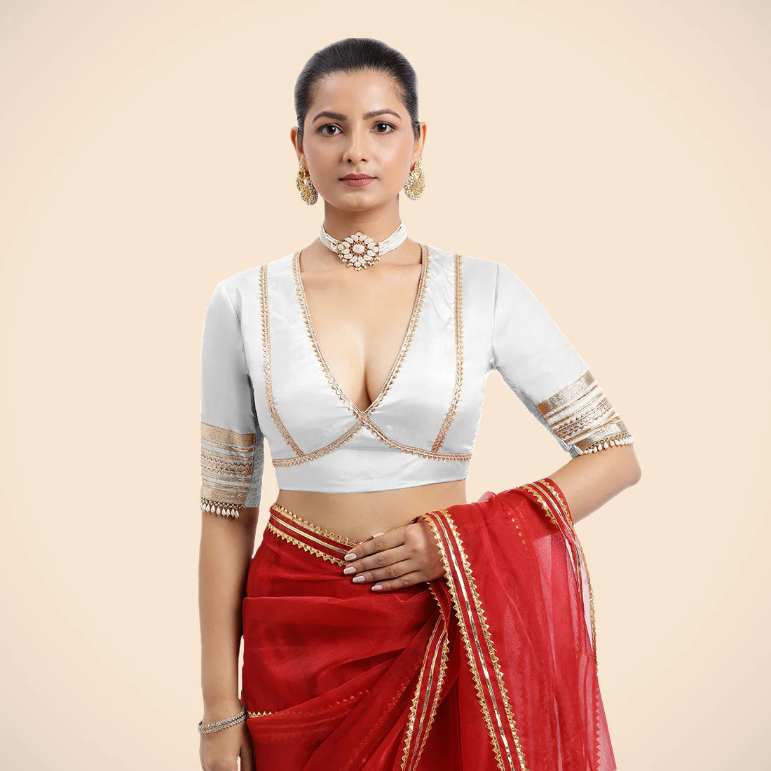 Nafeeza x Tyohaar | Pearl White Embellished Elbow Sleeves FlexiFit™ Saree Blouse with Plunging V Neckline with Tasteful Golden Gota Lace - Image 14
