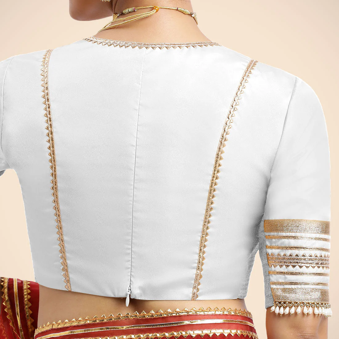 Nafeeza x Tyohaar | Pearl White Embellished Elbow Sleeves FlexiFit™ Saree Blouse with Plunging V Neckline with Tasteful Golden Gota Lace - Image 3