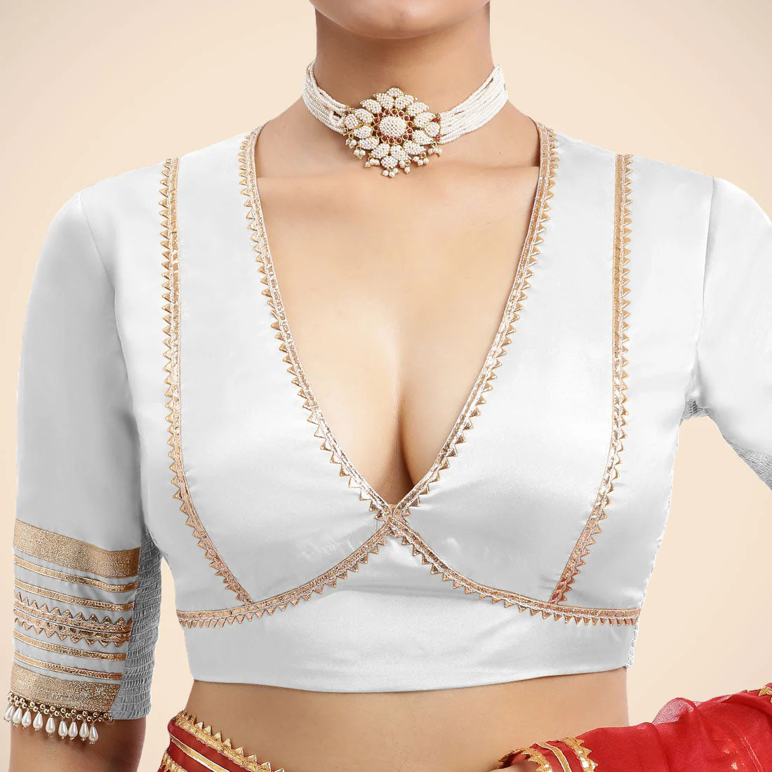 Nafeeza x Tyohaar | Pearl White Embellished Elbow Sleeves FlexiFit™ Saree Blouse with Plunging V Neckline with Tasteful Golden Gota Lace - Image 6