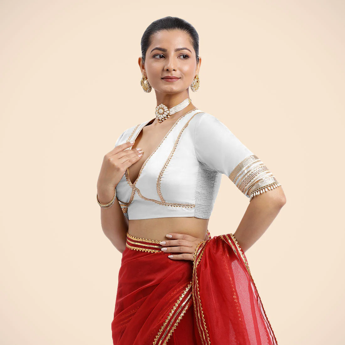Nafeeza x Tyohaar | Pearl White Embellished Elbow Sleeves FlexiFit™ Saree Blouse with Plunging V Neckline with Tasteful Golden Gota Lace - Image 8