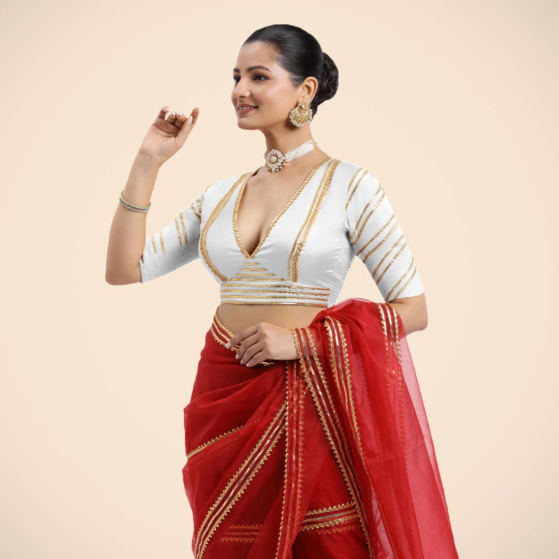 Shaheen x Tyohaar | Pearl White Elbow Sleeves FlexiFit™ Saree Blouse with Zero Neck with Back Cut-Out and Golden Gota Embellishment - Image 10