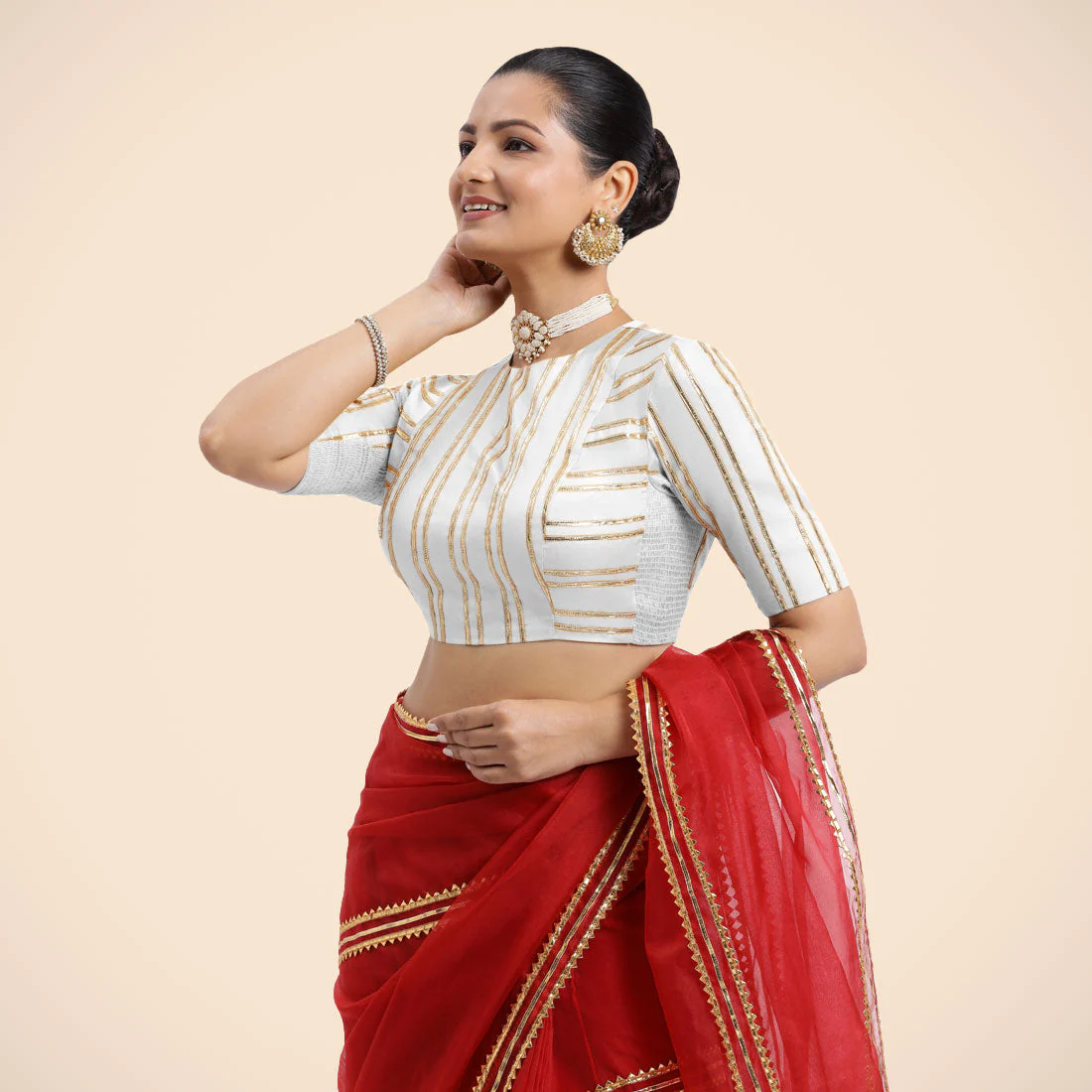 Shaheen x Tyohaar | Pearl White Elbow Sleeves FlexiFit™ Saree Blouse with Zero Neck with Back Cut-Out and Golden Gota Embellishment - Image 9