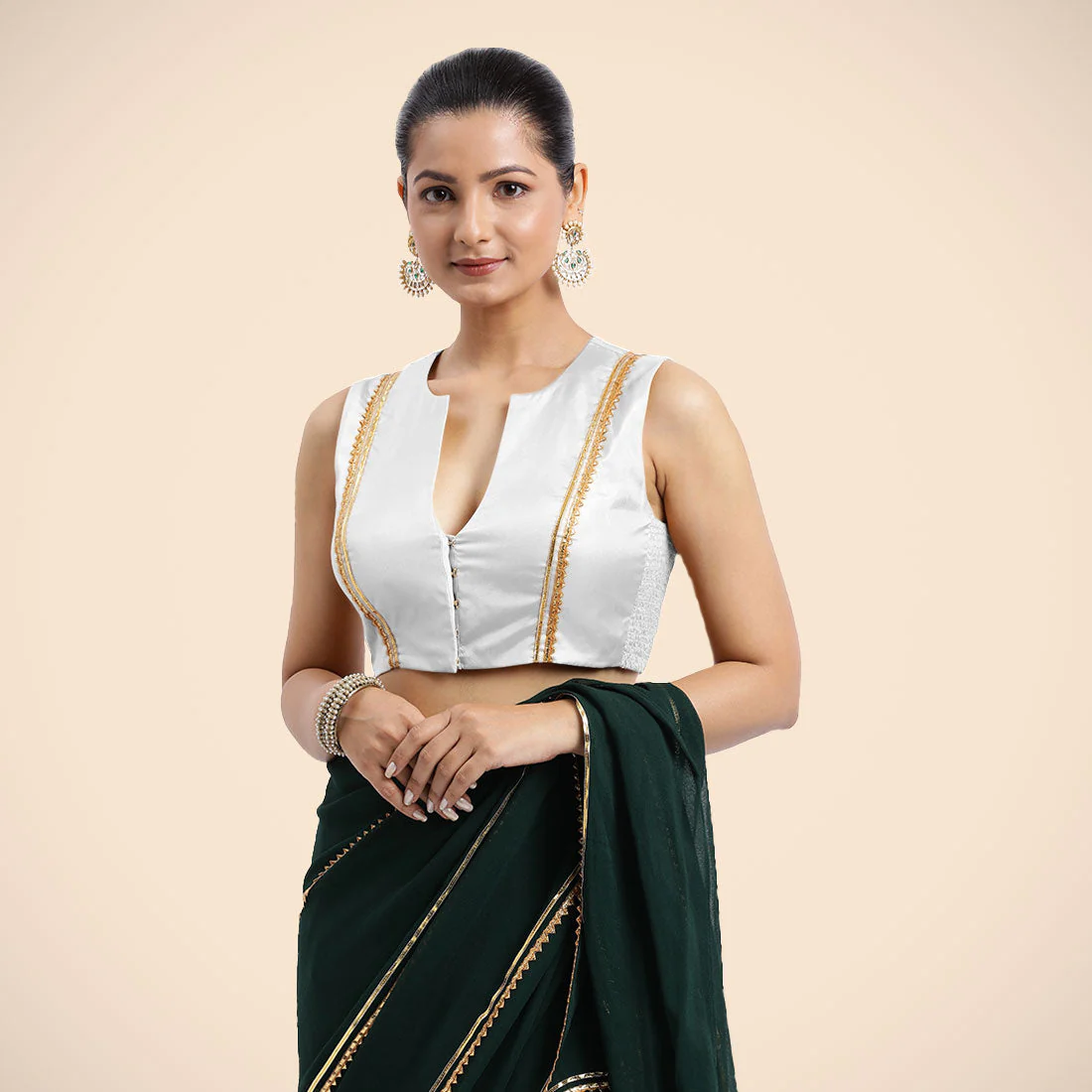 Veena x Tyohaar | Pearl White Sleeveless FlexiFit™ Saree Blouse with Front Open Closed Neckline with Slit and Golden Gota Lace - Image 5