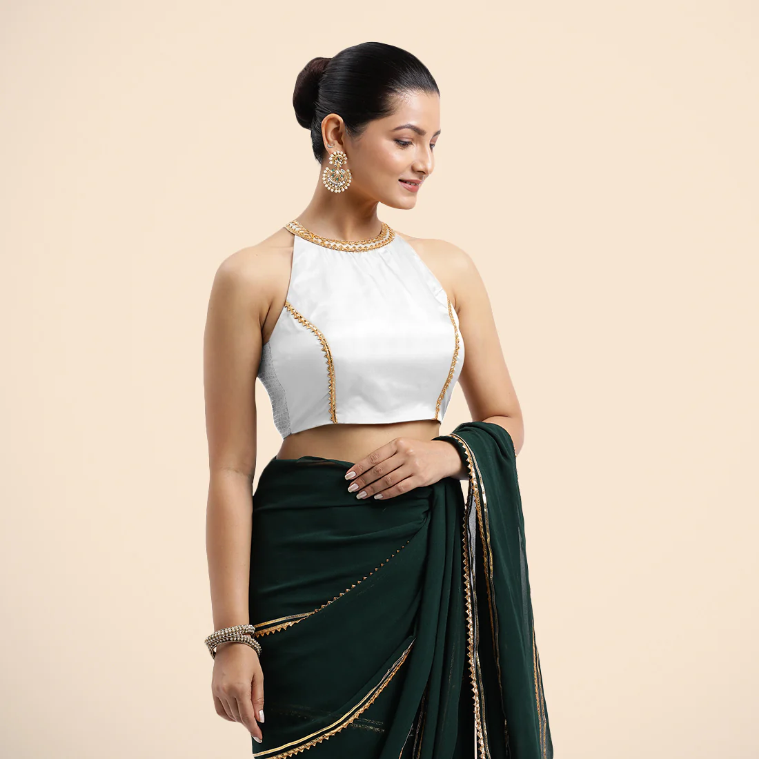 Zubeida x Tyohaar | Pearl White Halterneck FlexiFit™ Saree Blouse with Elegant Golden Gota Embellishment on Princess Line - Image 5
