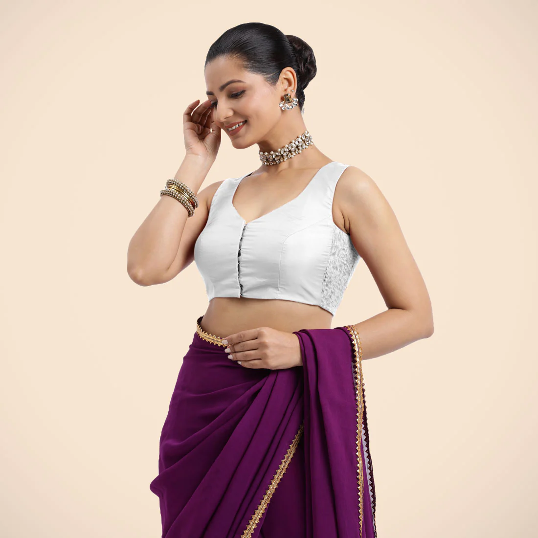 Nazia x Rozaana | Pearl White Sleeveless FlexiFit™ Saree Blouse with Front Open Curved V Neckline with Deep Back and Dori - Image 3