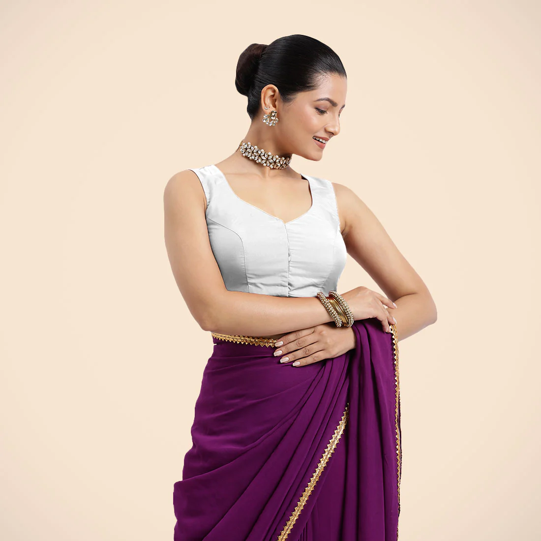 Nazia x Rozaana | Pearl White Sleeveless FlexiFit™ Saree Blouse with Front Open Curved V Neckline with Deep Back and Dori - Image 8