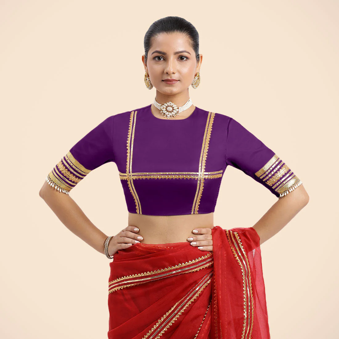 Farheen x Tyohaar | Purple Embellished Elbow Sleeves FlexiFit™ Saree Blouse with Zero Neck with Back Cut-Out and Golden Gota Embellishment - Image 3