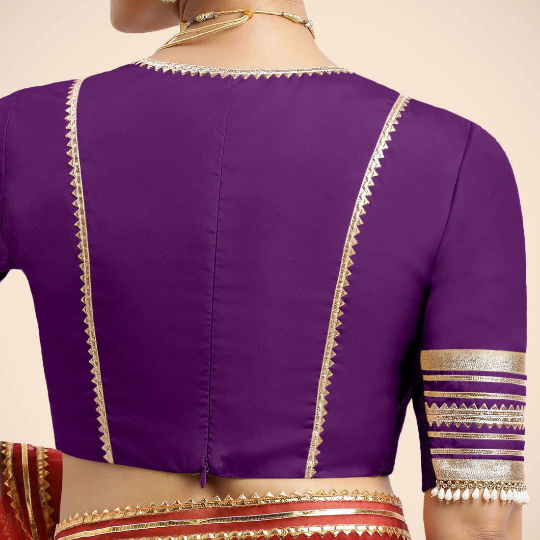 Nafeeza x Tyohaar | Purple Embellished Elbow Sleeves FlexiFit™ Saree Blouse with Plunging V Neckline with Tasteful Golden Gota Lace - Image 10