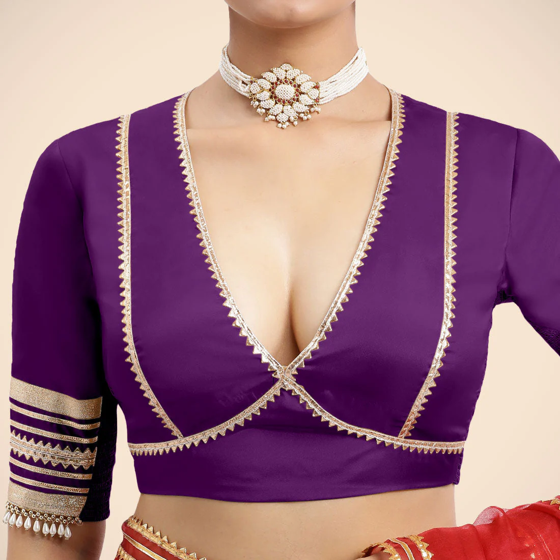 Nafeeza x Tyohaar | Purple Embellished Elbow Sleeves FlexiFit™ Saree Blouse with Plunging V Neckline with Tasteful Golden Gota Lace - Image 13