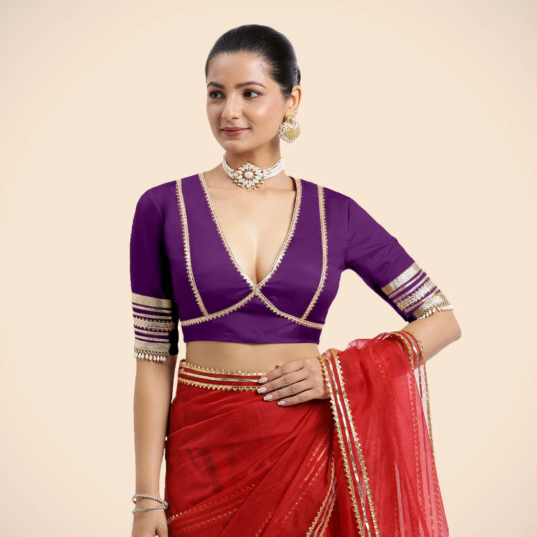 Nafeeza x Tyohaar | Purple Embellished Elbow Sleeves FlexiFit™ Saree Blouse with Plunging V Neckline with Tasteful Golden Gota Lace - Image 14