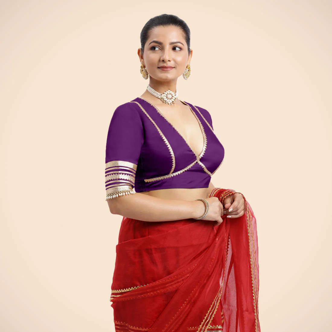 Nafeeza x Tyohaar | Purple Embellished Elbow Sleeves FlexiFit™ Saree Blouse with Plunging V Neckline with Tasteful Golden Gota Lace - Image 16