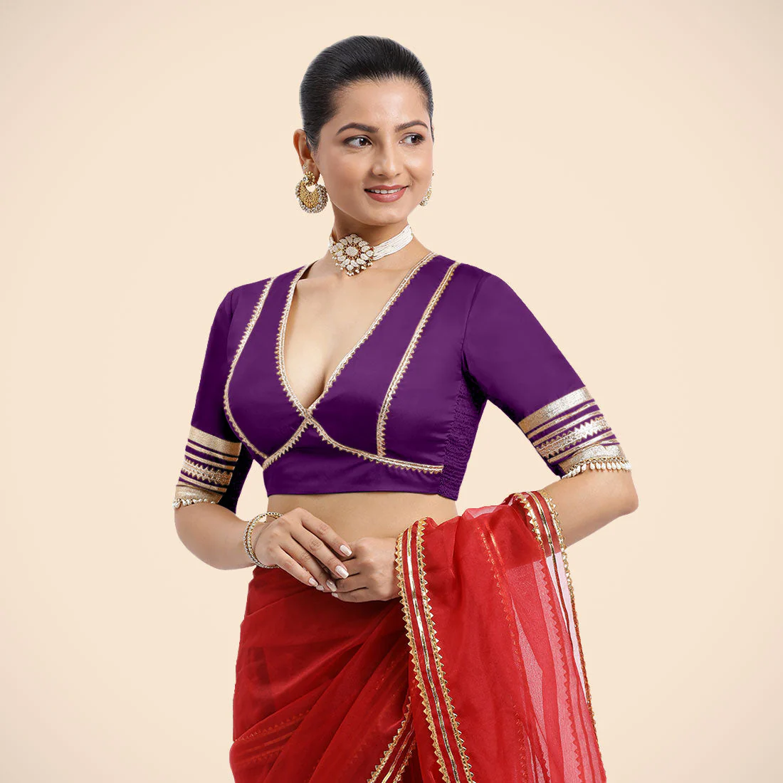 Nafeeza x Tyohaar | Purple Embellished Elbow Sleeves FlexiFit™ Saree Blouse with Plunging V Neckline with Tasteful Golden Gota Lace - Image 3