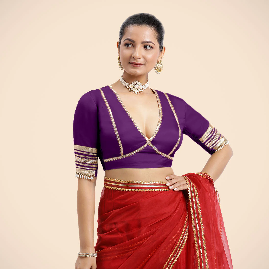 Nafeeza x Tyohaar | Purple Embellished Elbow Sleeves FlexiFit™ Saree Blouse with Plunging V Neckline with Tasteful Golden Gota Lace - Image 4
