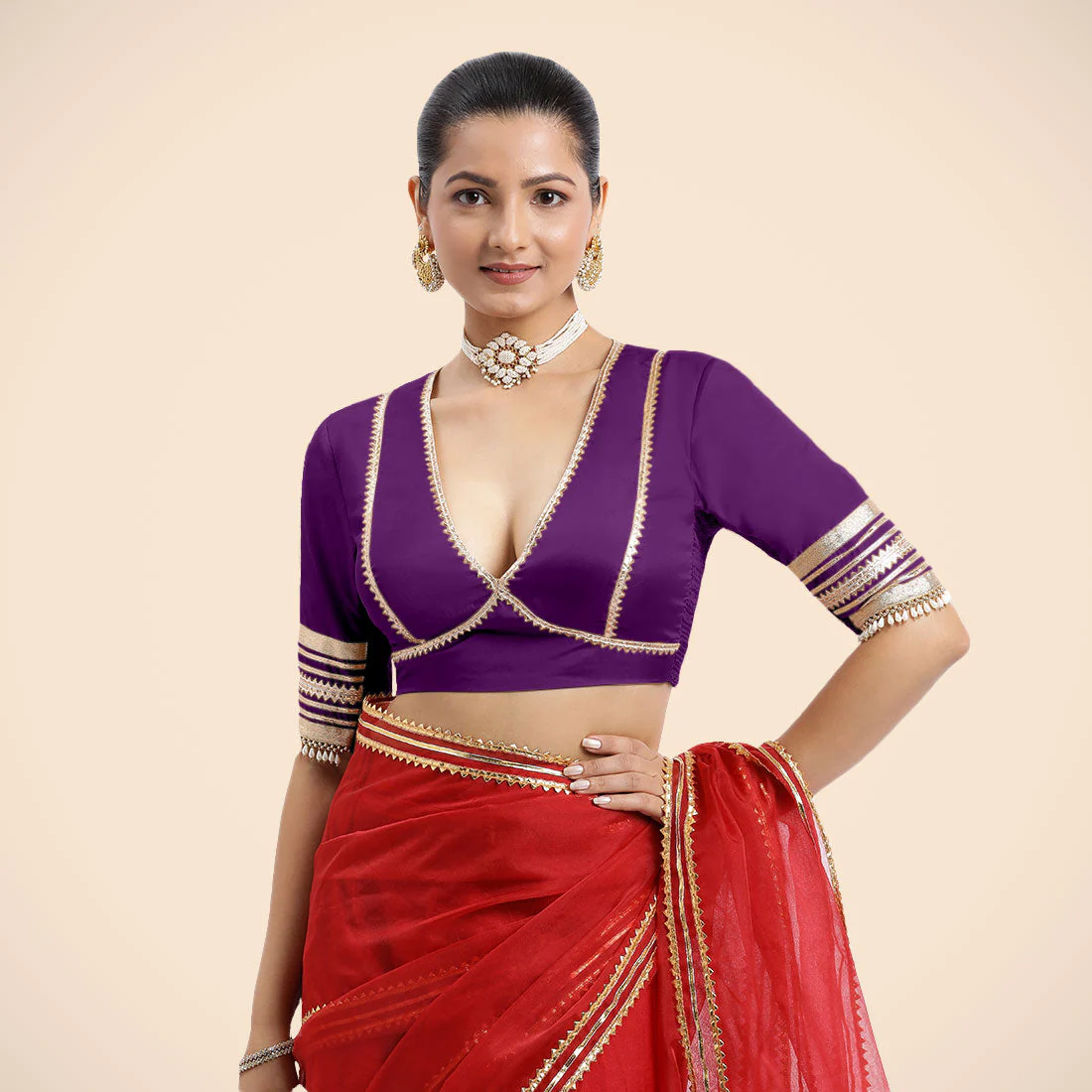 Nafeeza x Tyohaar | Purple Embellished Elbow Sleeves FlexiFit™ Saree Blouse with Plunging V Neckline with Tasteful Golden Gota Lace - Image 5